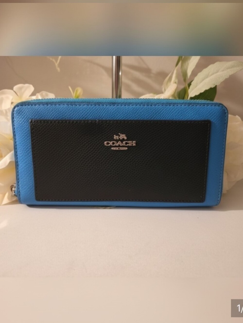 Coach Blue and Black Leather Zip Wallet with Gold Accent